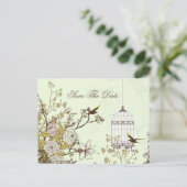 Grafische groene vogelkooi, liefdesvogels redden d aankondigingskaart (Staand voorkant)