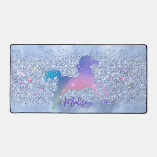 Grafische ijsblauwe eenhoornglittersterren monogra bureaumat (Voorkant)