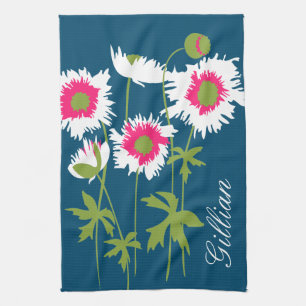 Grafische klaprozen bloemen in wit roze groen blau theedoek