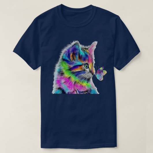 Grafische kleur van kat en vlinder kattenliefhebbe t-shirt (Design voorkant)