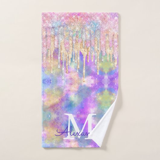 Grafische kleurige eenhoorn die glitter-monogram d bad handdoek (Handdoek)