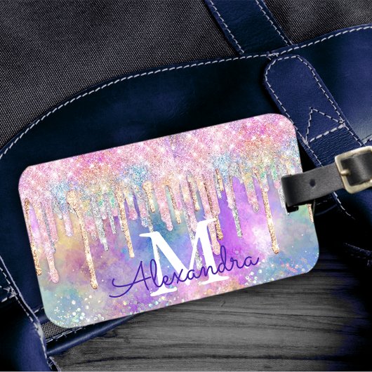 Grafische kleurige eenhoorn die glitter-monogram d bagagelabel