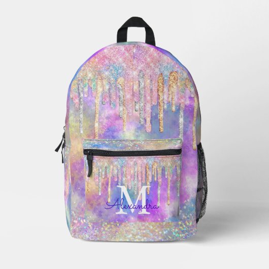 Grafische kleurige eenhoorn die glitter-monogram d bedrukte rugzak (Voorkant)