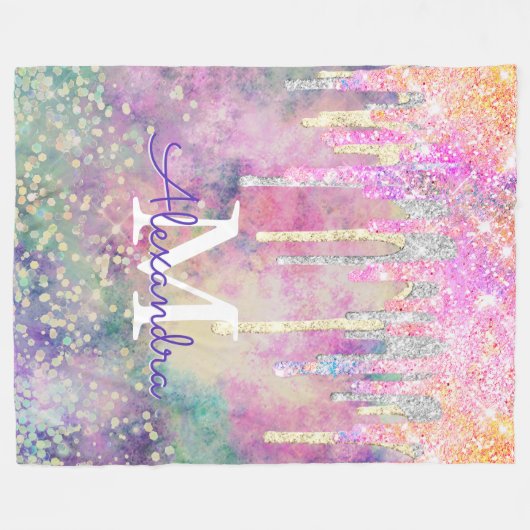 Grafische kleurige eenhoorn die glitter-monogram d fleece deken (Voorkant (Horizontaal))