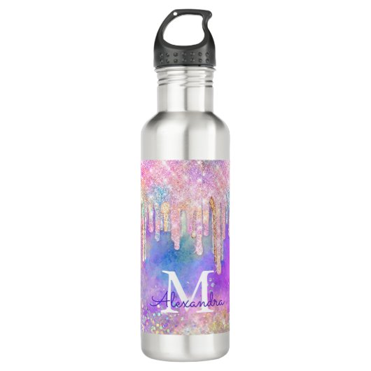 Grafische kleurige eenhoorn die glitter-monogram d waterfles  (Voorkant)