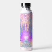 Grafische kleurige eenhoorn die glitter-monogram d waterfles (Links)