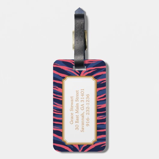 Grafische kleurige roze zebra print monogram bagagelabel (Achterkant verticaal)