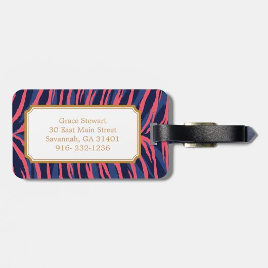 Grafische kleurige roze zebra print monogram bagagelabel (Achterkant horizontaal)