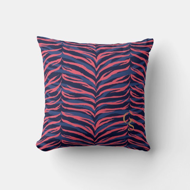 Grafische kleurige roze zebra print monogram kussen (Voorkant)