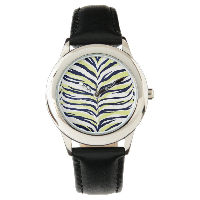 Grafische kleurige zwart-gele zebra printmonogram horloge (Voorkant)