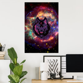 Grafische kunst, Paarse Cosmic Wolf Illustratie Poster
