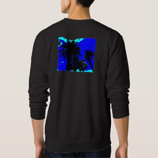Grafische kunstpalmbomen op blauw, unisex sweatshi trui (Achterkant)