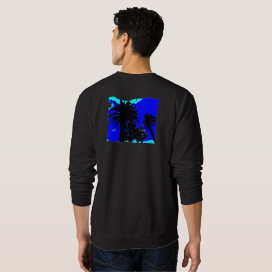 Grafische kunstpalmbomen op blauw, unisex sweatshi trui (Achterkant volledig)