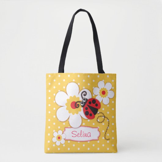 Grafische ladybug bloemen meisjes noemen canvas ta tote bag (Voorkant)