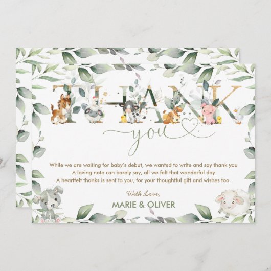 Grafische landbouwhuisdieren Greenery Baby shower  Bedankkaart (Voorkant / Achterkant)