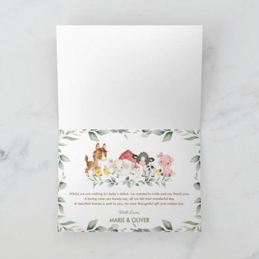 Grafische landbouwhuisdieren Greenery Baby shower  Bedankkaart (Binnen)