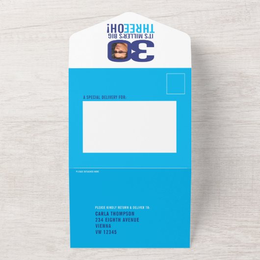 Grafische marine hemelsblauw 30e verjaardag partij all in one uitnodiging (Buitenkant)