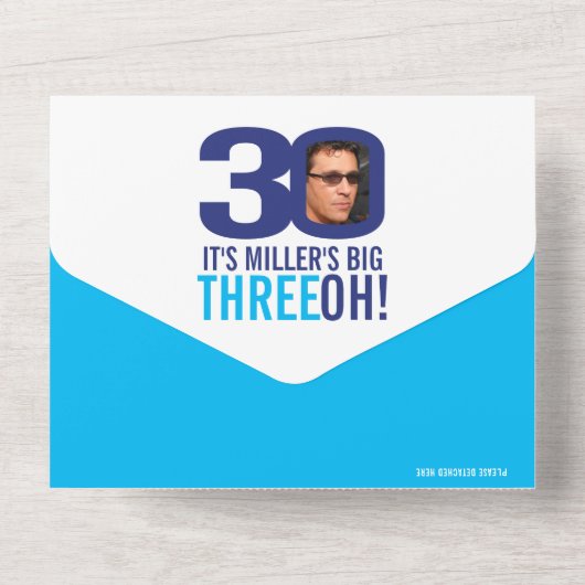 Grafische marine hemelsblauw 30e verjaardag partij all in one uitnodiging (Achterkant)