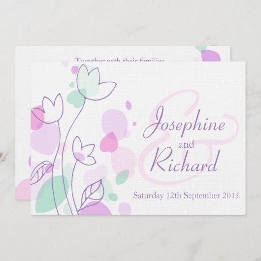 Grafische moderne bloemblaadjes paarse bruiloft ui kaart (Voorkant / Achterkant)