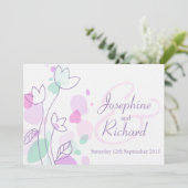 Grafische moderne bloemblaadjes paarse bruiloft ui kaart (Staand voorkant)
