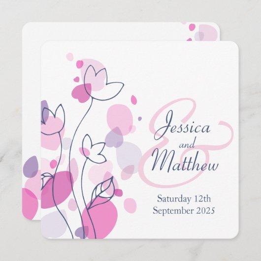 Grafische moderne bloemblaadjes vierkante bruiloft kaart (Voorkant / Achterkant)