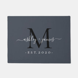 Grafische monogram Namen Jaar gevestigd Donkerblau Deurmat