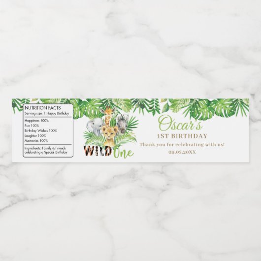 Grafische Oerwoud dieren groen 1e verjaardag Wilde Waterfles Etiket (Enkel label)