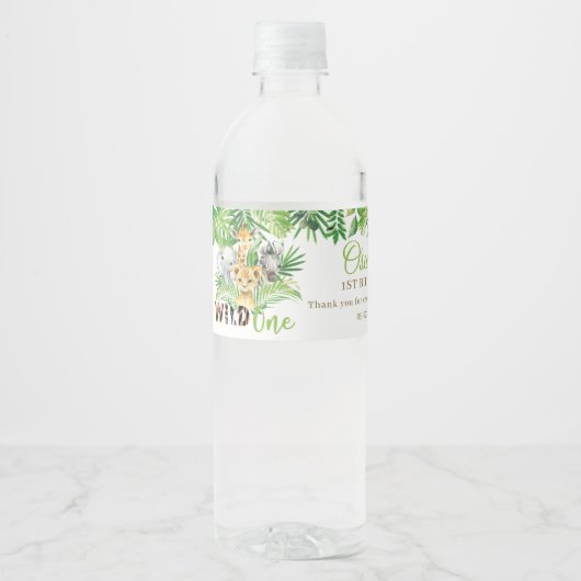 Grafische Oerwoud dieren groen 1e verjaardag Wilde Waterfles Etiket (Voorkant)