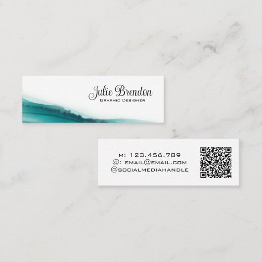 Grafische ontwerper Blauwgroen Script Elegant QR-c Mini Visitekaartje (Voorkant / Achterkant)