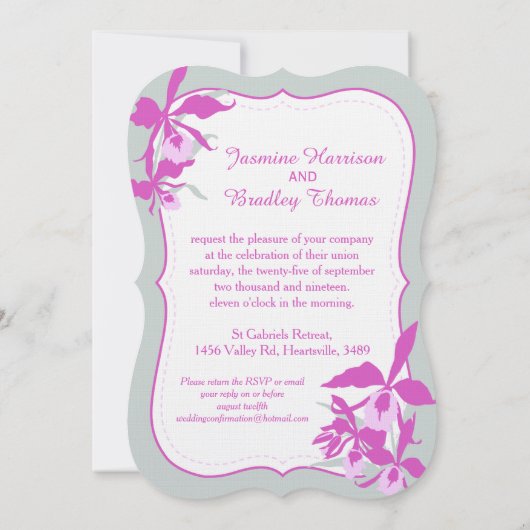 Grafische orchidee paarse groen grijs bruiloft uit kaart (Achterkant)