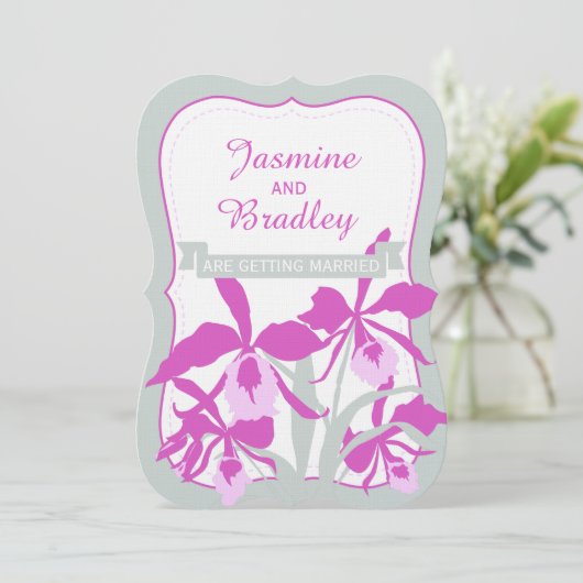 Grafische orchidee paarse groen grijs bruiloft uit kaart (Staand voorkant)