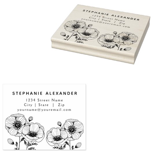 Grafische papaver zwarte inkt retouradres rubberstempel (Gestempeld)