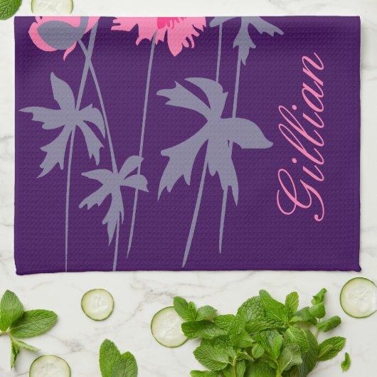 Grafische papavers bloemen in grijze roze en paars theedoek (Gevouwen)