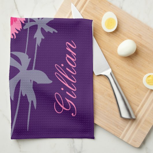 Grafische papavers bloemen in grijze roze en paars theedoek (Quarter Fold)