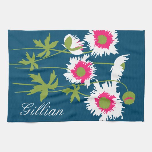 Grafische papavers bloemen in wit roze blauw theedoek (Horizontaal)