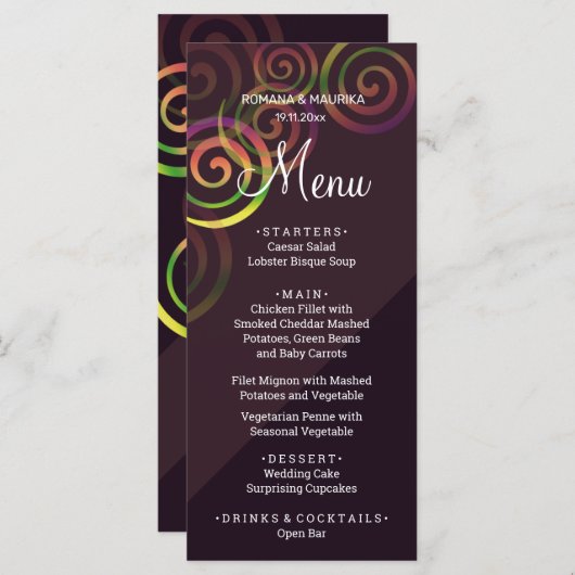 Grafische regenboogspiralen met diep Paars Menu (Voorkant / Achterkant)