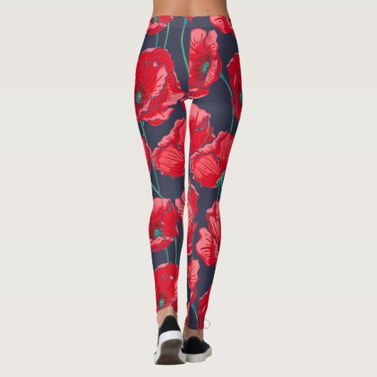 Grafische rode papaver, handgeschilderd patroon leggings (Achterkant)