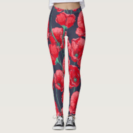 Grafische rode papaver, handgeschilderd patroon leggings
