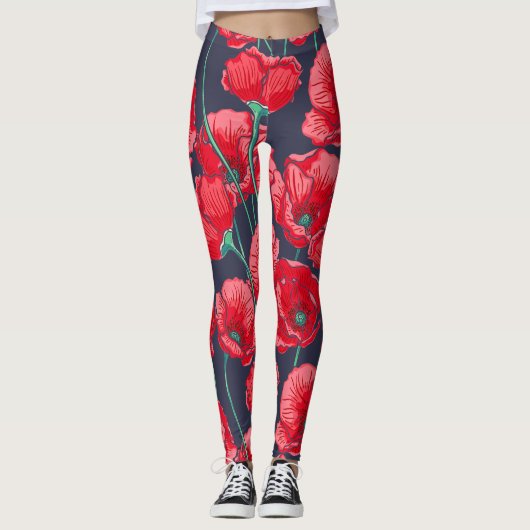 Grafische rode papaver, handgeschilderd patroon leggings (Voorkant)