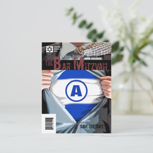 Grafische roman Bar Mitzvah Save the Date Briefkaa Aankondigingskaart (Staand voorkant)