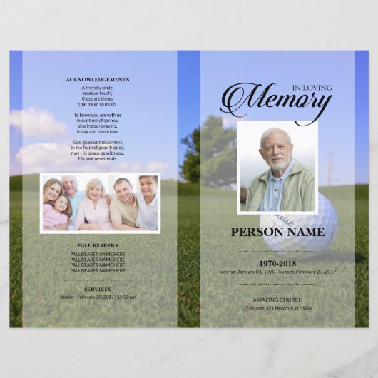 Grafische Rouwkaart Template voor Golfspeler (Voorkant)
