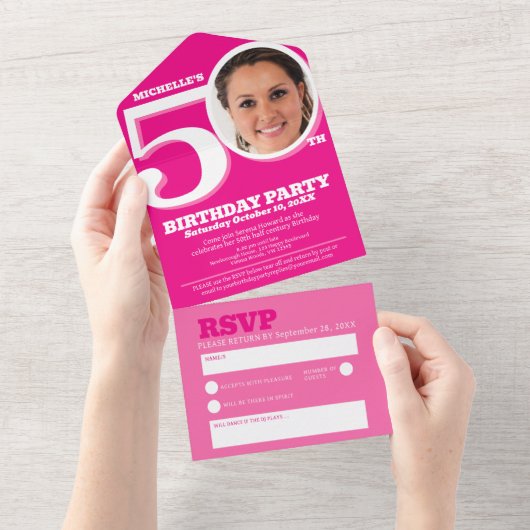 Grafische roze foto in 0 van 50e verjaardag all in one uitnodiging (Afscheurbaar)