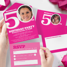 Grafische roze foto in 0 van 50e verjaardag all in one uitnodiging