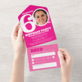 Grafische roze foto in 0 van 60e verjaardag all in one uitnodiging (Afscheurbaar)