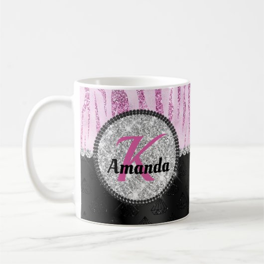 Grafische roze zwarte faux glitter monogram voor d koffiemok (Links)