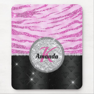 Grafische roze zwarte faux glitter monogram voor d muismat