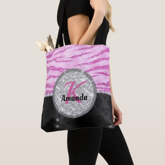 Grafische roze zwarte faux glitter monogram voor d tote bag (Dichtbij)