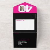Grafische roze zwarte fotocirkels 40ste verjaardag all in one uitnodiging (Buitenkant)