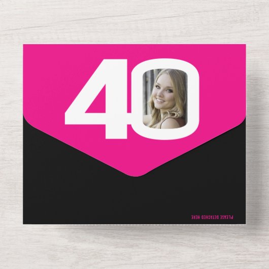 Grafische roze zwarte fotocirkels 40ste verjaardag all in one uitnodiging (Achterkant)