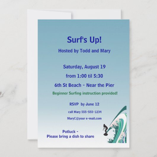 Grafische surfer op Wave Sunshine en Surfparty Kaart (Achterkant)